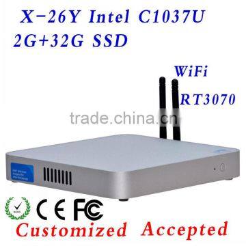 Mini itx pc micro computer fanless mini pc 12v x-26y c1037u 2G RAM 32G SSD support VGA/HDMI In Stock !big promotion!!!