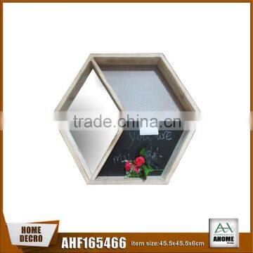 High Quality Wooden Hexagon Wall Shelf Divide to Three Diamond Wall Shelf,Mirror and Blackboard Wall Shelf