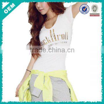 Ladies Sexy White T Shirt Low Neck Tight Fit Short Sleeves (lvt060215)