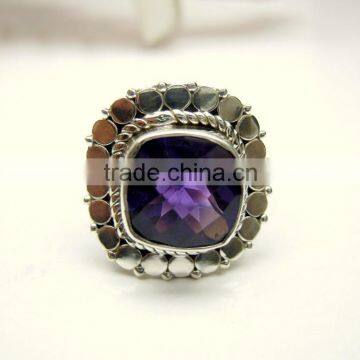 Amethyst Faceted 925 Sterling Silver Ring, Cushion Shape Purple Gemstone Ring, Designer Oxidized Silver Handmade Ring