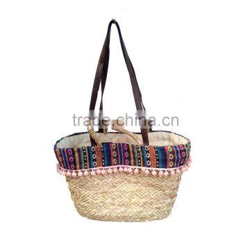 Shoulder cotton ball handmade natural seagrass handbags woven straw shopping bag                        
                                                Quality Choice