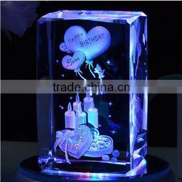 3d laser crystal cube with color LED light base for birthday gifts