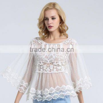 Women Bell Sleeved Floral Cotton Lace Crochet Blouse With Scalloped Cuff and Hem