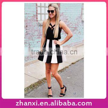 Wholesale Summer new black and white striped stitching harness sexy dress