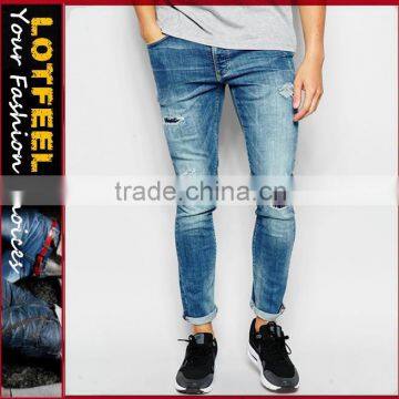 jeans male Skinny Fit Distressed denim man jeans pant with Rip Knee jeans closeout (LOTA005)