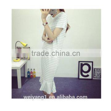 New Fashion Puffy Gray Striped Women One-piece Dress With Flouncing Hem