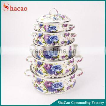 Blue Rose Printed 16/18/20/22/24CM 5Pcs Enamel Casserole Set With Decorations