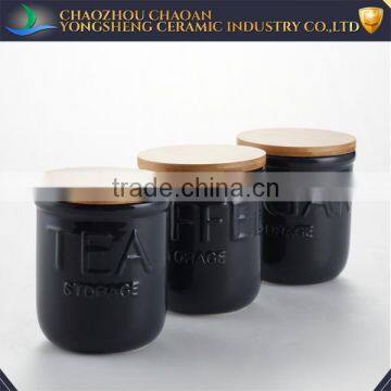 Black Ceramic Tea Coffee Sugar Biscuit Canister Set With Wooden Cover photo-3