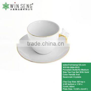 High Quality Porcelain Butterfly Medium Size Tea Mug Set With Gold Color Handle with Crystals