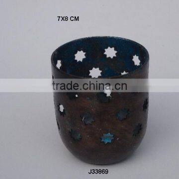 Metal Votive made in Iron two tone antique brass and silver inside cut flower pattern