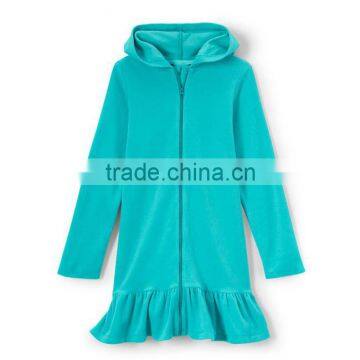 Wholesale Children Clothing USA Terry Comfortable Cotton Blend Skirted Style Ruffle Hem Zip Front Solid Hooded Terry Cover Up