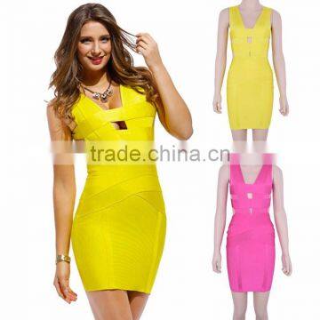 2015 Elastic Knitted Rayon HL Mini Sexy Hollow Out Bodycon Womne V Neck Bandage Dress Red Yellow