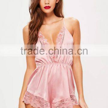 Custom Made Pink Satin Lace Detail Teddy Women Sexy V Neck Pyjama With Elasticated Waist Bodysuit Sleepwear photo-4
