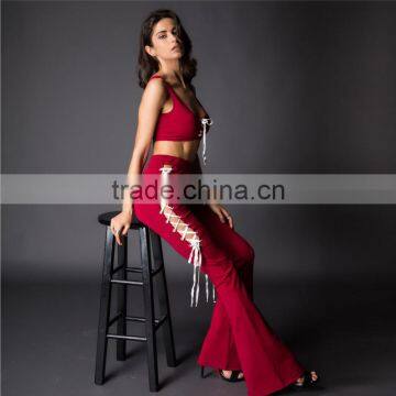 Runwaylover 100 New Fashion 2017 Ladies Suits , Women Sexy Crop Tops And Hollow Out Flared Pants