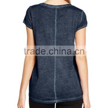 Ladie's Back Curved Hem Short Sleeve Front Print and Oil Wash T-shirt photo-2