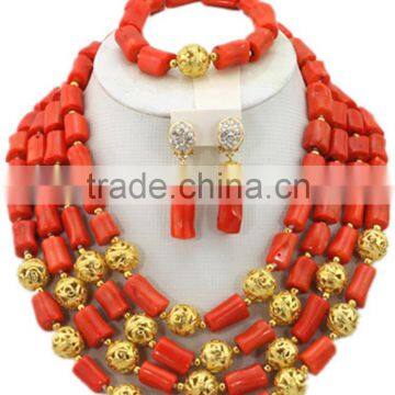 4 Rows Gold-Plated Cylinder Coral Beads African Bridal Jewelry Set