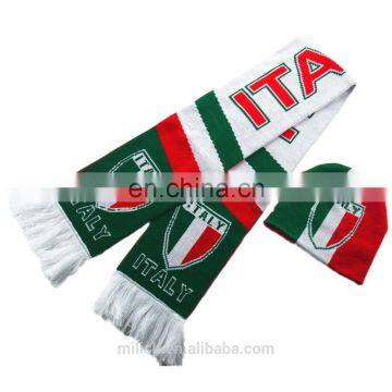 SC-0014 Acrylic soccer scarf custom print knitted jacquard Italy football fan scarf with hat