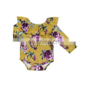 Purple Floral And Yellow Color Onesie Bodysuit Long Sleeve One Layer Neck Baby Rompers For Sale