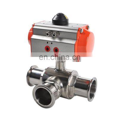 COVNA 3 Way Tri Clamp Sanitary 304 Stainless Steel Pneumatic Actuated Food Grade Ball Valve