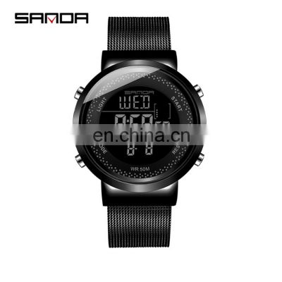 SANDA 383 384 Simple Fashionable Mens Watch Mesh Stainless Steel Mesh Strap Digital Alarm Unisex Watches