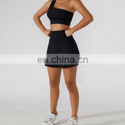 Sexy One Shoulder Strap Bra And With Shorts Golf Tennis Skirt 2 Piece Tracksuit Yoga Sets Fitness Women Running Workout Clothing photo-3