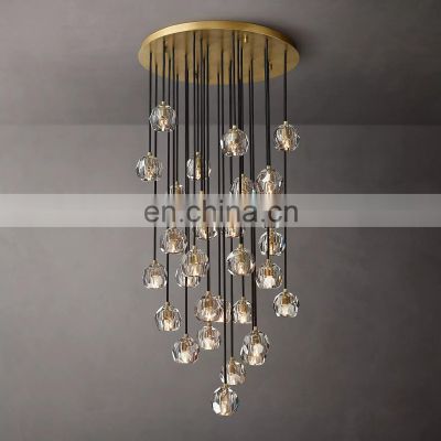 Light luxury decor modern gold round k9 crystal led chandelier hanging lamp for villa stair staircase dinning room