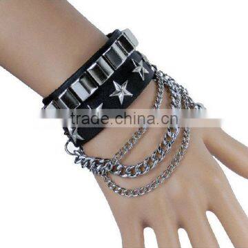 Punk Black Wide Leather Bracelet Wristband Fiver-Pointed Star Rivet Chain Bangle