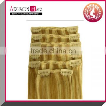 Top sale 100% virgin Brazilian clip in human hair extensions brown blonde mix