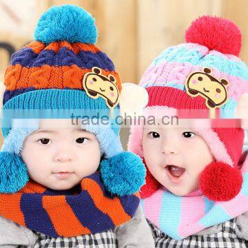 Autumn Winter New Arrival Bea Applique Stripe Knitted Pompom Baby Hat Set