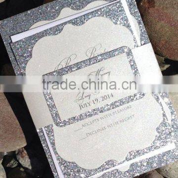 2016 high quality silver glitter paper with silver writting royal invitation cards for wedding