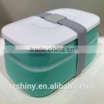 2016 Microwave Safe 2 Layer Plastic Picnic Box with Shrinkable Sleeve Plastic Lunch box with spoon