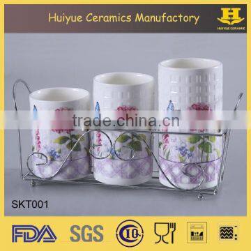 set of 3 ceramic utensil holder with metal stand flower design