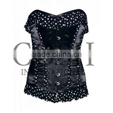 Overbust steel boned corset in black with dotted ruffles satin Ci-1165