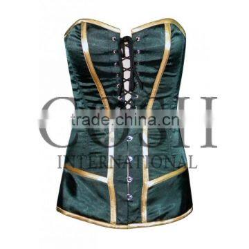 Overbust steel boned corset in black and gold satin Ci-1168