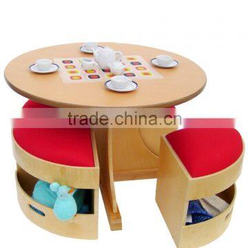 School Wooden Table and Chair Set (Circular Table w/4 Padded Stools)