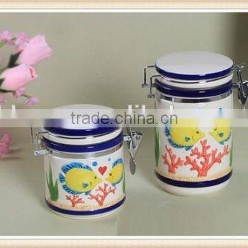 ceramic EMBOSSED marine CANISTER in marine design pot