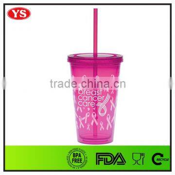Bpa Free 16oz Plastic Double Wall Promotional Cup With Straw