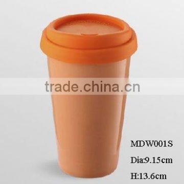 Eco-friendly reusable double wall ceramic thermal mug w/ silicone lid glossy finish 10oz