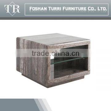 Bent Glass to Marble Travertine Base End Table With Wheels photo-4