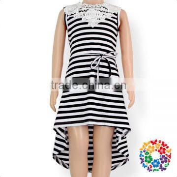 Fashion Design Black Stripe Cotton Summer Dress Sleeveless Adding Lace Girl Child Dress photo-3