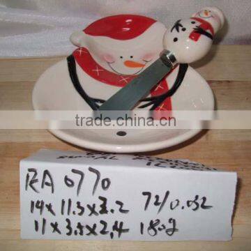 hand made christmas ceramic cake plate & butter knife for supply