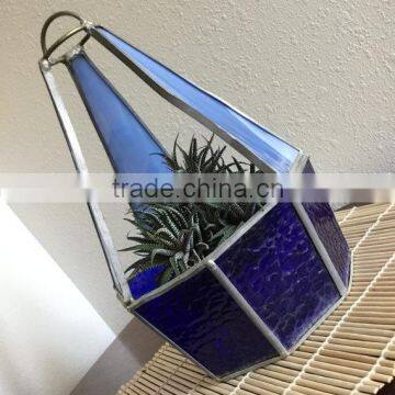 Mid Century Modern Leaded Large Vintage Teardrop Hanging Stained Glass Geometric Teardrop Shape Plant Holder Terrarium photo-5
