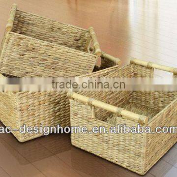 S/3 RECTANGULAR WATER HYACINTH STORAGE W/WOODEN HANDLE
