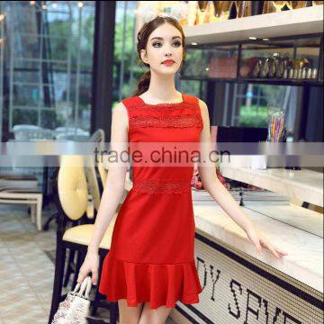 2015 new autumn ladies slim fitted high waist red fish tail casual sun dress