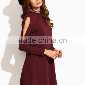 Burgundy Open Shoulder Swing Dress Cotton Polyester Blend Long Sleeve Casual Dress photo-2