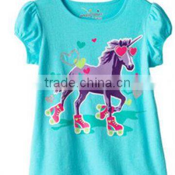 children's summer cotton t shirts gils blue horse pattern jumping beans t-shirts