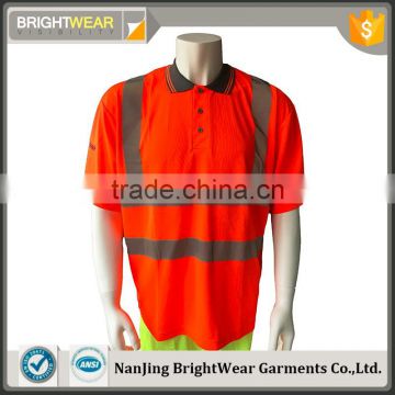 Men's hi vis short sleeve orange birdeye fabric reflective tape polyester safety polo shirt