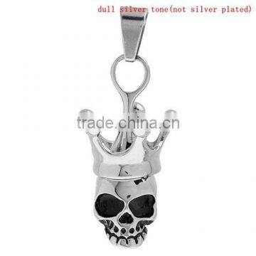 Stainless Steel Charm Pendants Crown Halloween Skull Silver Tone 4.3cmx1.8cm