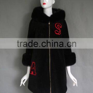 Popular star style fur collar decoration sheared lamb fur parka coat casual fashion long design black color with pattern