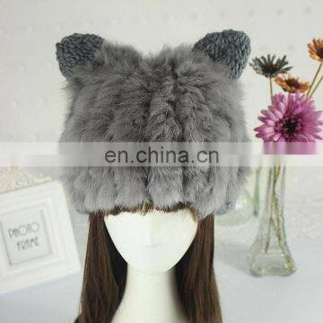 Grey color real rabbit fur winter beanies for women fashion wholesale